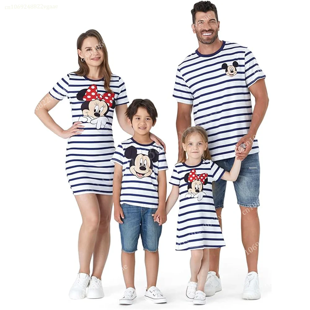 Summer Mickey Mouse Minni Stripe T Shirt For Kids Boy Girls Women Men Top Tee Family Clothes Costume Streetwear