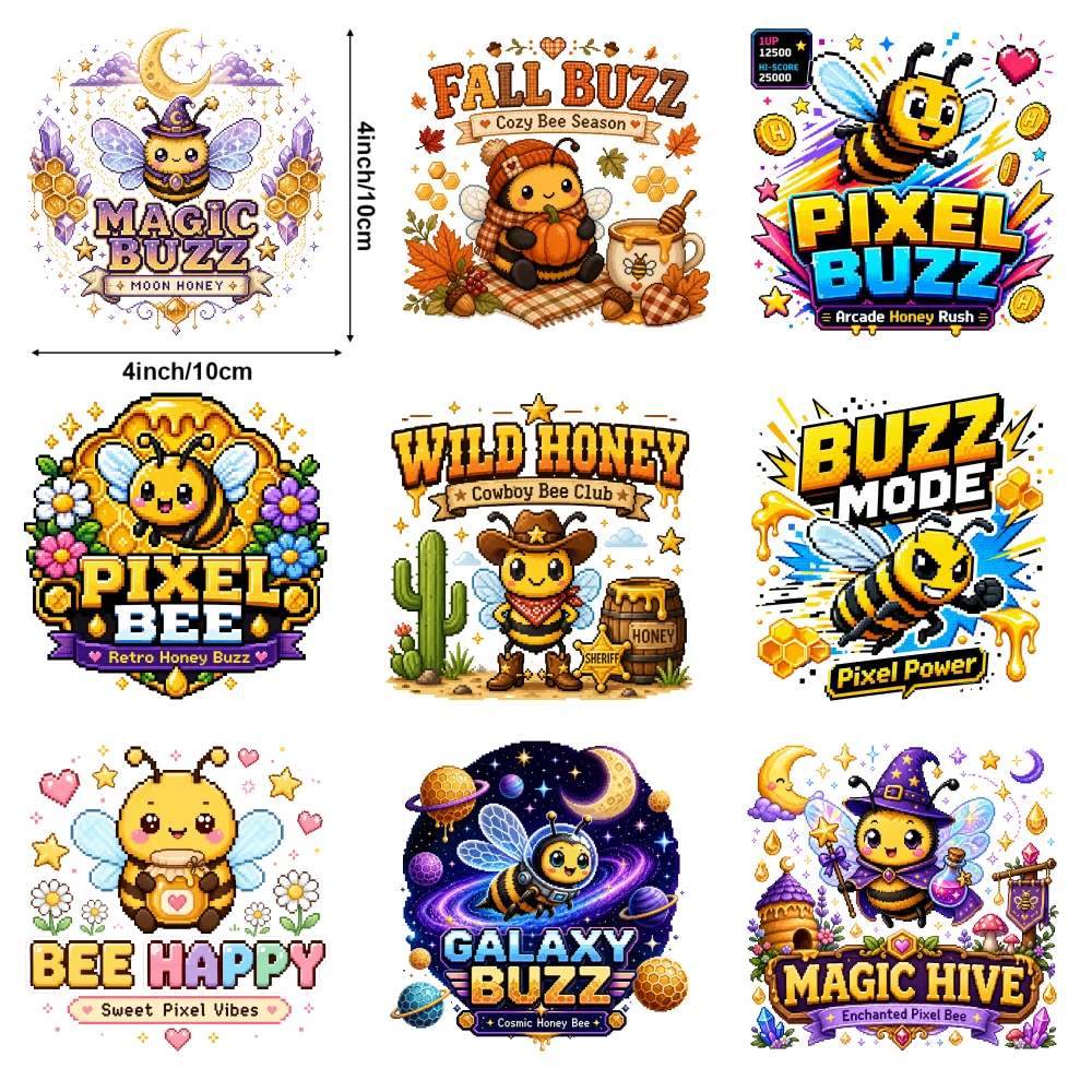 9 Pcs Bee Themed Iron On Transfers Washable Patches for DIY Clothing, T-shirts, Jeans, Backpacks, Hats, Pillows