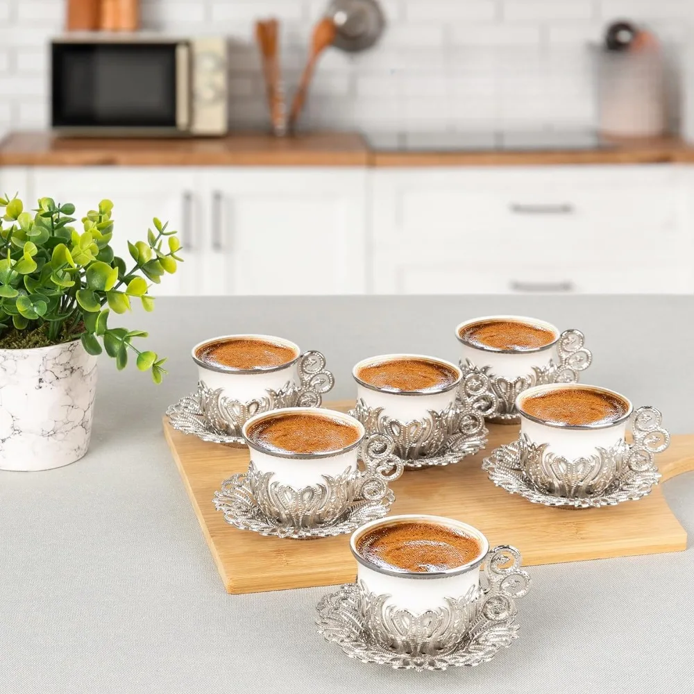 White Porcelain and Zinc Metal With Turkish Motifs Coffeeware Teaware Turkish Coffee Cup Set 6 Cups and Saucers (Silver) Tea Bar