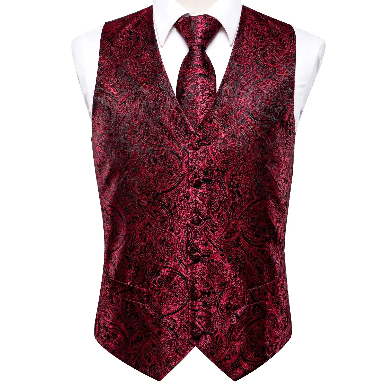 Hi-Tie 4PC Silk Men\'s Vest With Tie Hanky Cufflink Business Formal Dress Slim Sleeveless Jacket Burgundy Paisley Suit Waistcoat