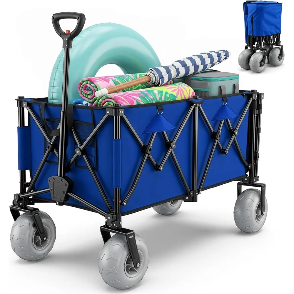 Heavy Duty Beach Wagon 9 Inch Wide Wheels 450LBS 59 Inch Extender 400L Foldable Cart Adjustable Handle All Terrain Navy Blue