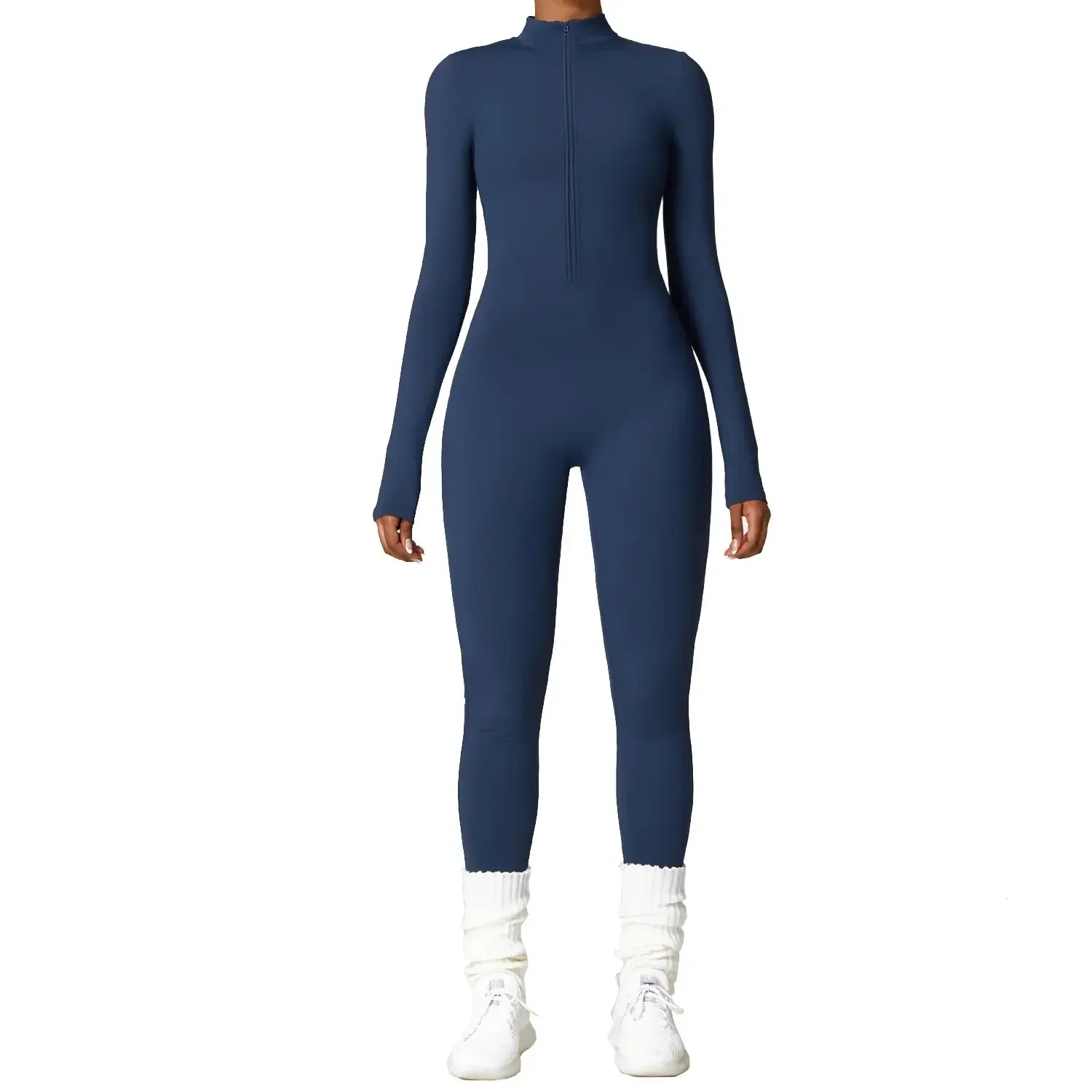 Fall New Hot Sale Sexy Bodysuit for Women Solid Color Ribbed Long Sleeve Zipper Bodycon Sporty Clothing Rompers WOMEN'S Jumpsuit