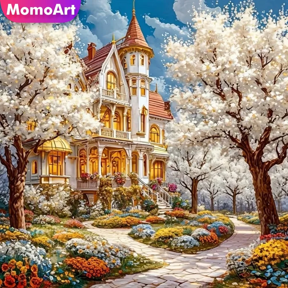 Momoart Haus-Diamantstickerei: Landschafts-DIY-Gemälde mit Baum, Vollquadrat- und Runddiamant-Mosaik, Kreuzstich-Dekoration für Zuhause