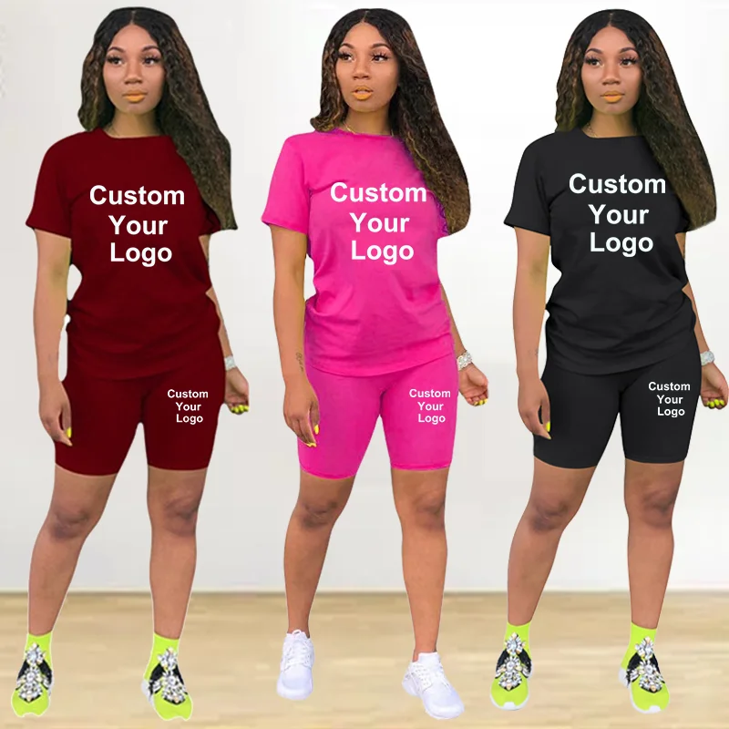 Womens Custom Your Logo Fashion Short Sleeve T-shirt and Tight-fitting Shorts 2pc Set Tracksuit Sports Jogging Suits Outfit