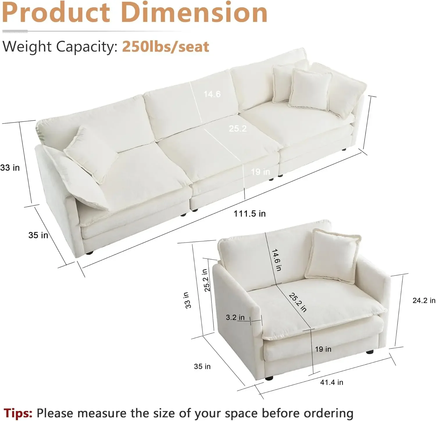 Luxury 3 Piece Sofa Set, 2 Pieces of Single Sofa and 1 Piece of 3 Seater Sofa, Modern Chenille Comfy Cloud Couches Set