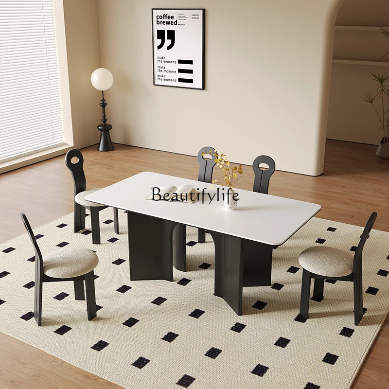 Light luxury modern simple rectangular French new Italian white rock slab dining table