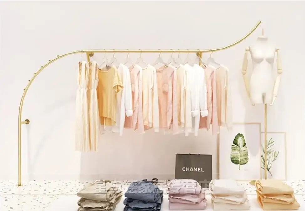 Wall mounted display racks in clothing stores; Wall mounted hangers in women's clothing stores; display rack