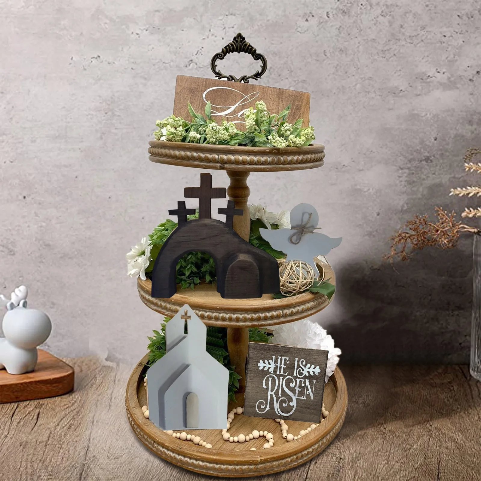 Easter Jesus Tiered Tray Ornament Decor Home Decoration Easter Jesus Tomb Tray Bundle Kit Farmhouse Rustic Tiered Tray Ornaments