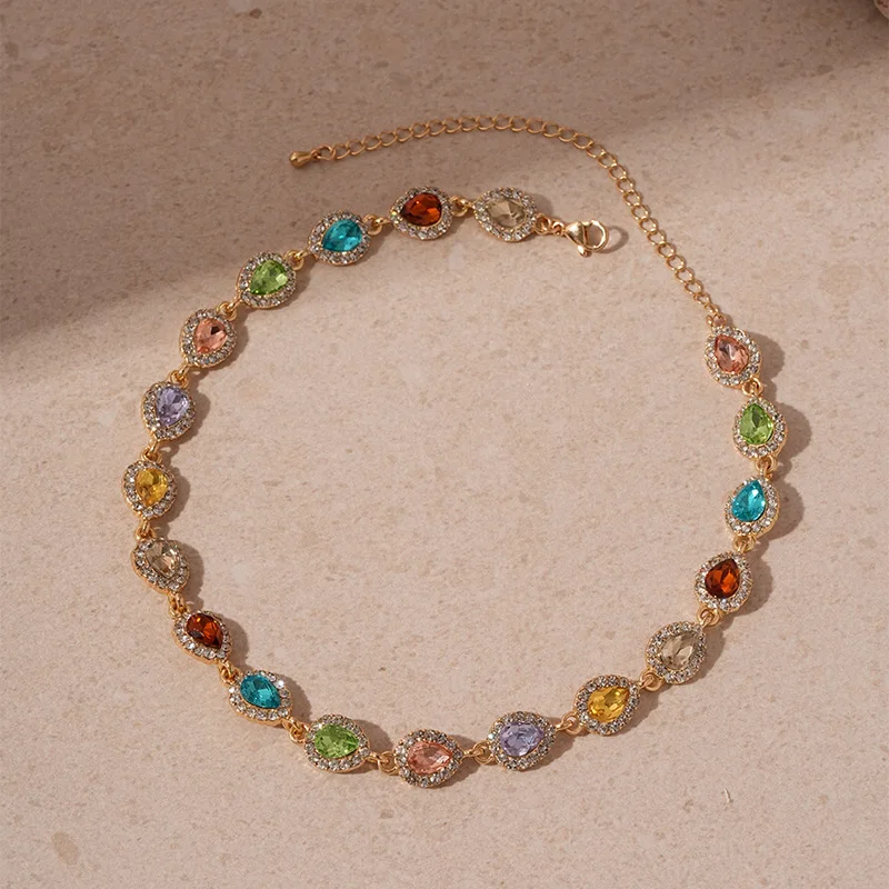 DREJEW Geometric Colorful Crystal Choker Necklaces for Women Clavicle Chain Necklaces Jewelry Bijoux for Party Gift Accessories