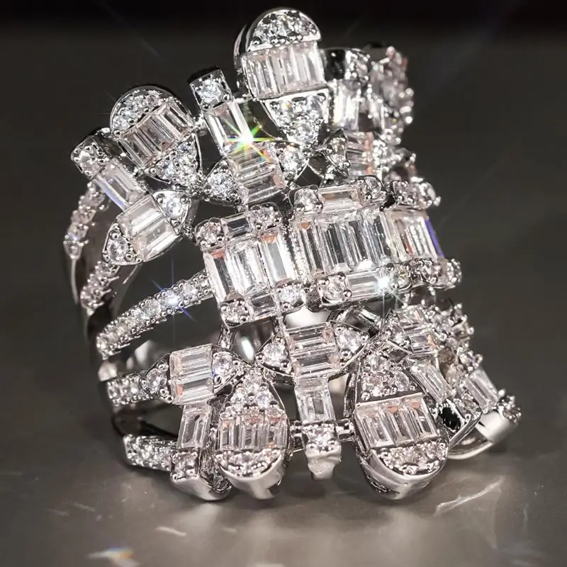 Huitan Symmetrisches Design Damen Silberfarbener Ring Hochzeit Party Eingelegte Glänzende Geometrische Zirkonia Mode-Accessoires Statement-Schmuck – Detail 3