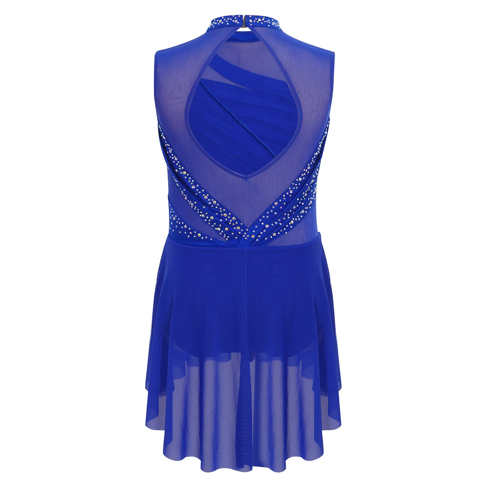 Kids Girls Leotard Figure Skating Lyrical Dance Dresses Performance Costume Sleeveless Sheer Mesh Patchwork Rhinestone Dress