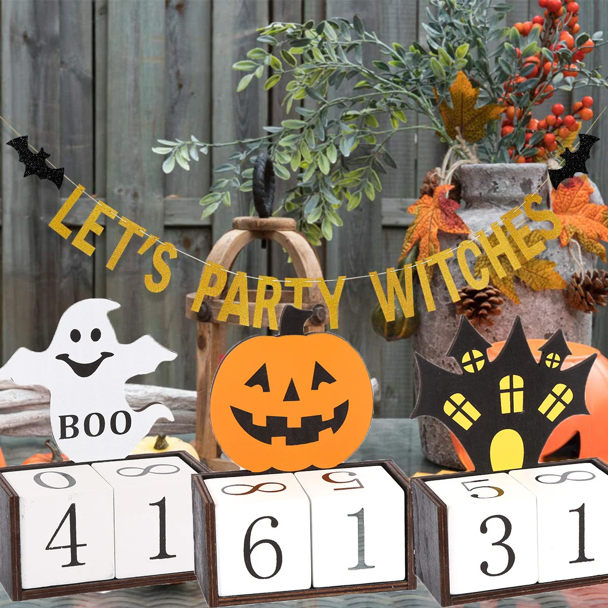 Halloween Wooden Countdown Calendar Halloween Advent Calendar Handmade Pumpkin Ghost Castle Tabletop Decoration Festival Props