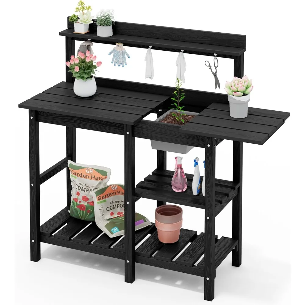 

Potting Bench Outdoor Potting Table With Sink, HDPE Potting Benches For Outside Gardening Table All Weather Use- Black