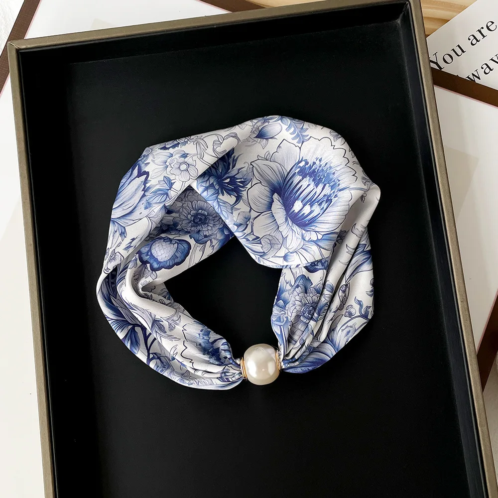

Scarf Woman Silk Collarbone Chain Thin Pearl Lazy Magnetic Buckle Pendant Shawl Wraps Neckerchief Headband Ribbon Foulards Femme
