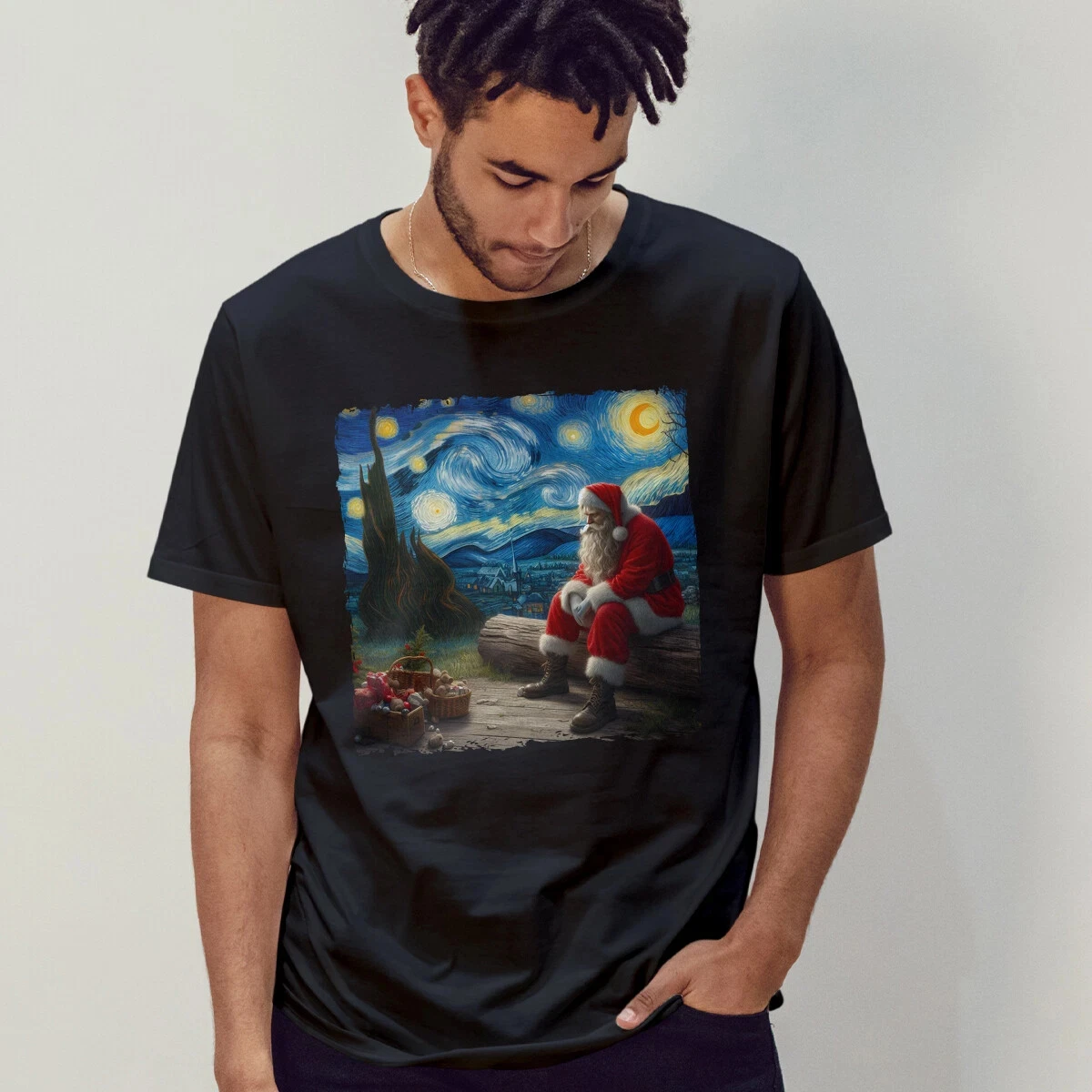 2026 Starry Night Santa T-Shirt Christmas Van Gogh Style Xmas Tee