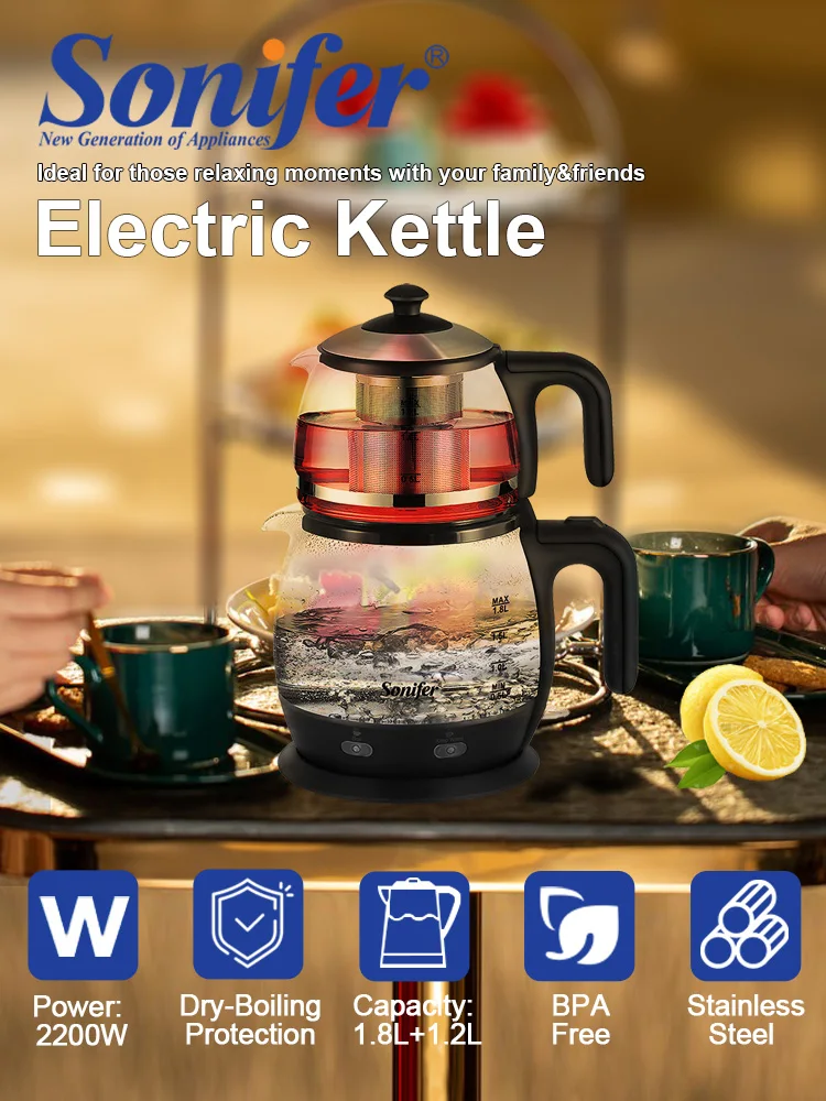 

Sonifer Glass Electric Kettle & Tea Maker Set SF-2089, 1.8L Water Boiler, 1.2L Teapot with Warmer Base, 2200W Fast Boil