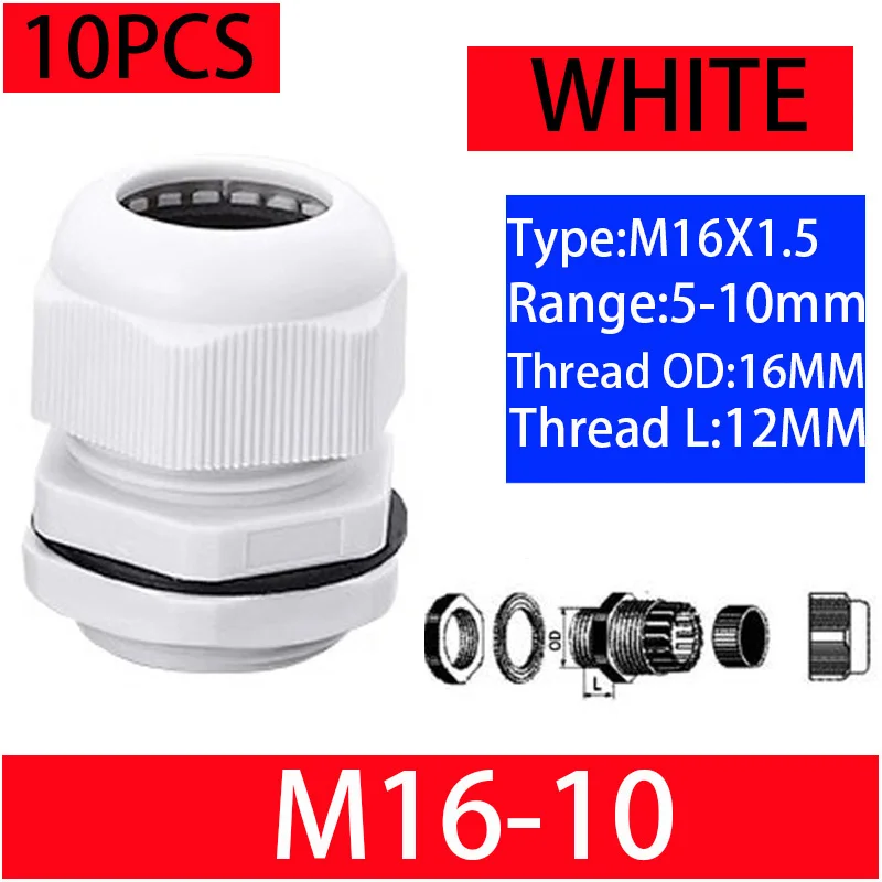 10PCs Wasserdichte Kabelverschraubung Schwarz Kunststoff Dichtung Joint Nylon M8 M10 M12 M16 M20 M25 M32 IP68 Weiß Kabel Befestigung nylon Stecker