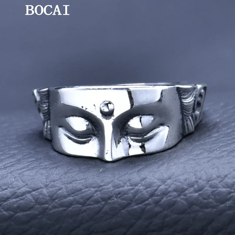 

BOCAI S925 Sterling Silver Niche Personalized Light Luxury Buddha Face Ring Men's and Women's Styles