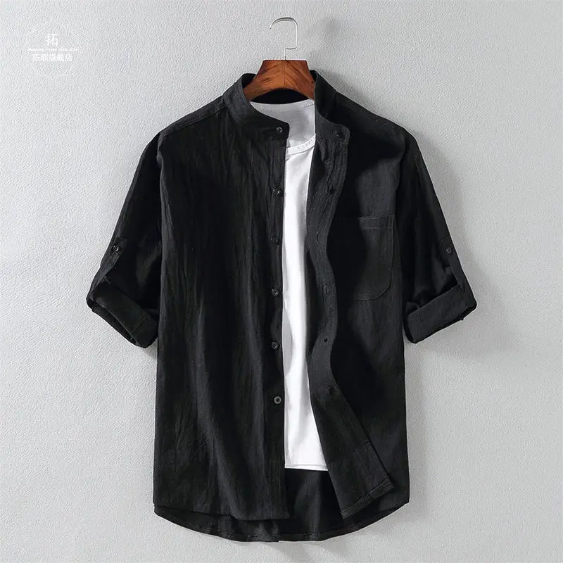 

Men's Retro Japanese Sle Linen ort Sve irt plus Size Trendy Brand Seven Sve Fat Men's Korean Version Faion irt