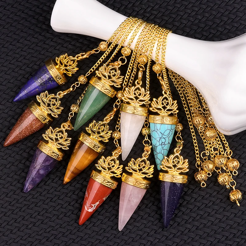 Natural Amethyst Golden Lotus Bullet-Shaped Pendulum with Rose Quartz Necklace Divination Energy Health Crystal Pendant 20x49mm