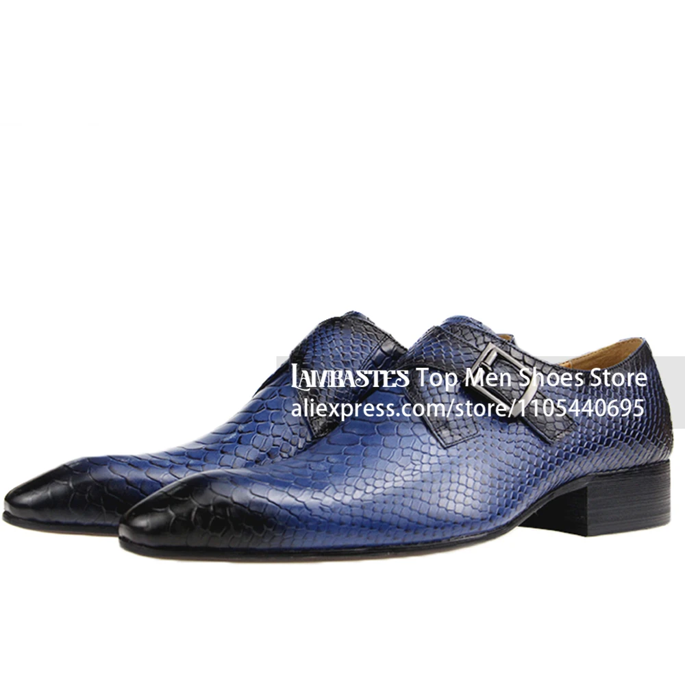 Blue Snake Embossed Monk Shoes Gradient Black Toe Pointed Toe Business Leather Shoes Snake Scale Print Monk Strap Formal Shoes