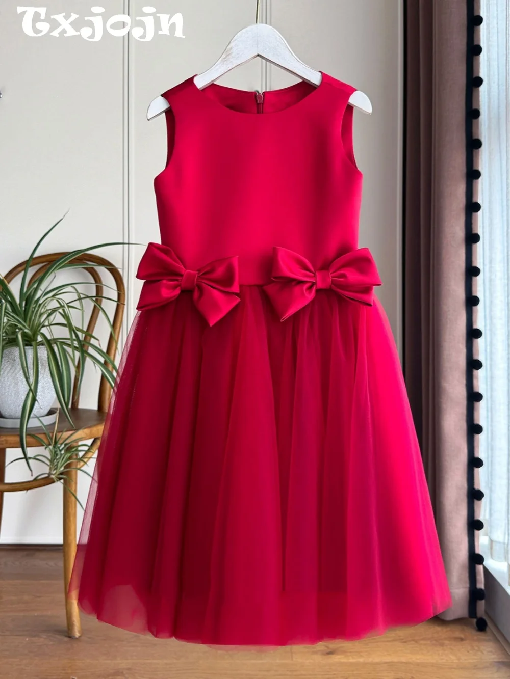 Txjojn New Multi-colors Satin Tulle Flower Girl Dress Elegant Bow Sleeveless Kids Evening Gown For Christmas Party 80-160cm