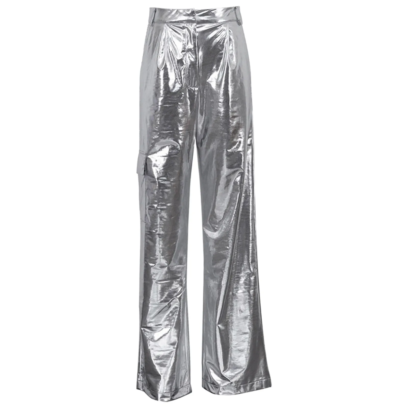 Silver PU Bright Leather Pantes For Women 2024 Fashion High Wiast Wide Leg Straight Trousers Streetwear Hip Hop Baggy Cargo Pant