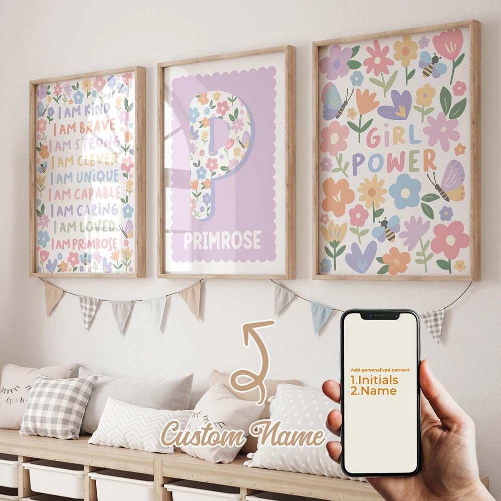 Set di 3 Stampe Personalizzate con Nome, Fiori Viola Cartoon, Arte Murale su Tela, Poster per Soggiorno e Arredamento Casa