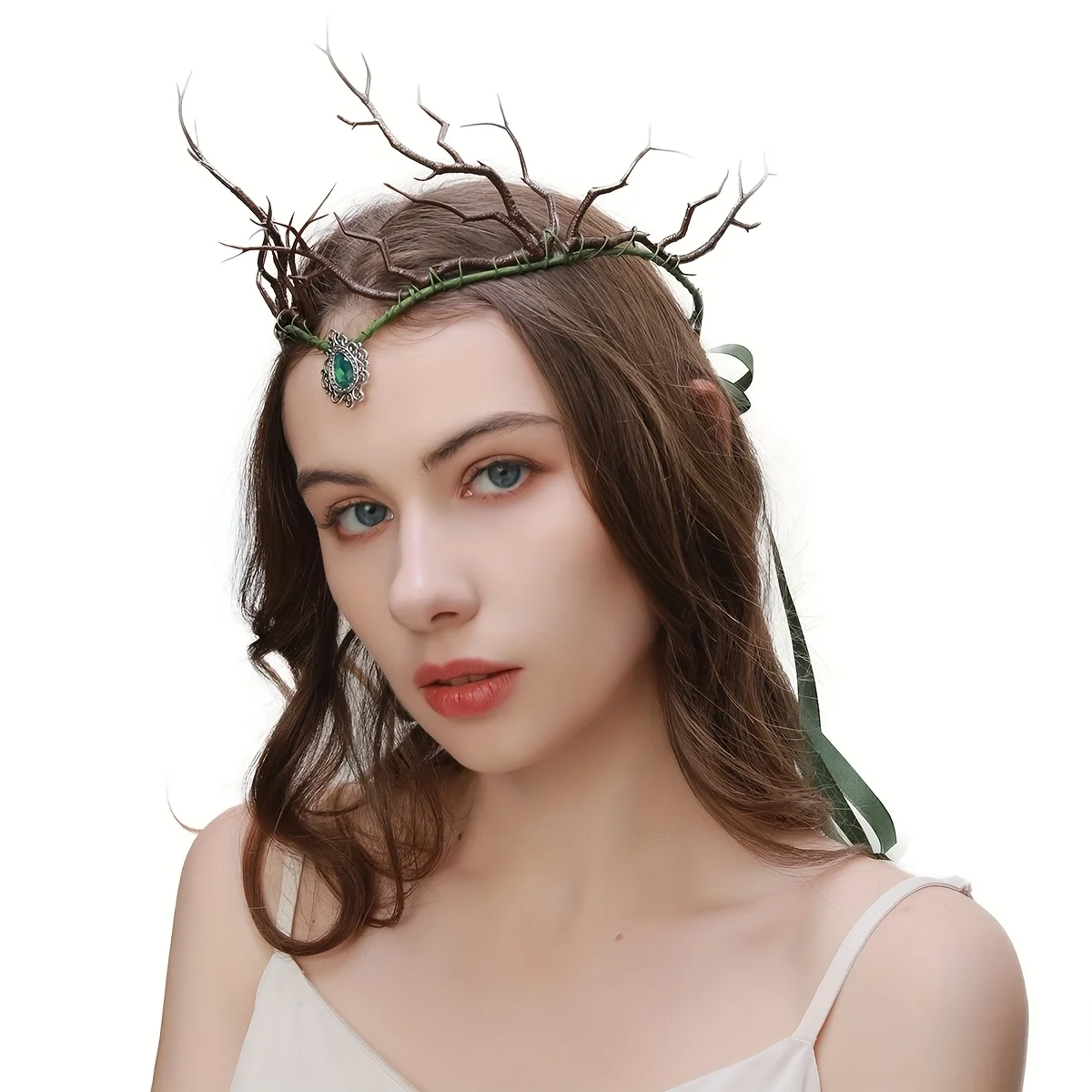 Corona de pelo de ratán hecha a mano con rama de bosque, colgante de cristal para la frente, banda decorativa para el pelo de hadas, cejas de elfo gótico exageradas penda