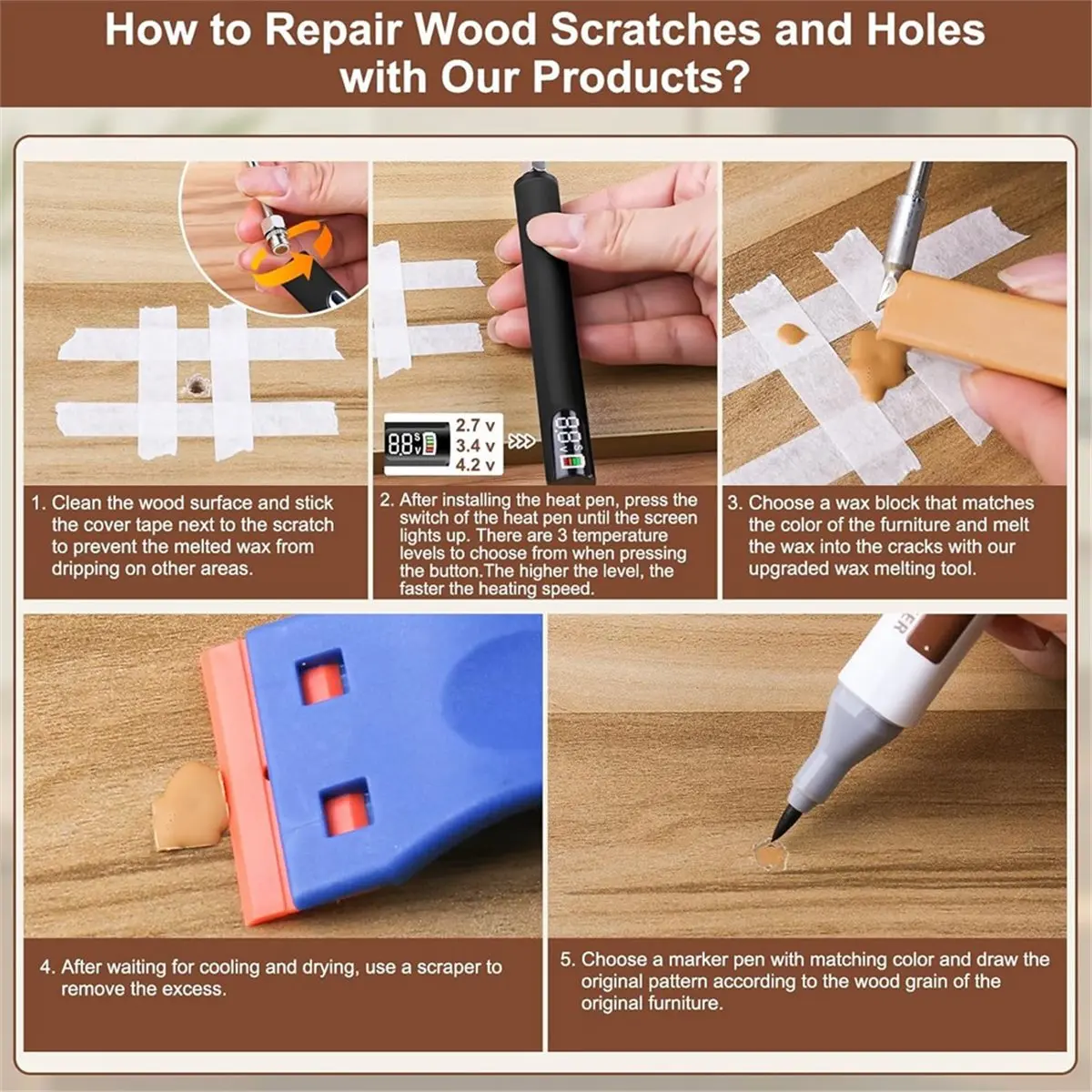 

2026 New Vinyl Floor Repair Kit with Upgraded Heat Pen,11 Colors Hardwood Wax 8 Colors Dual Tip Furniture Touch Up Markers