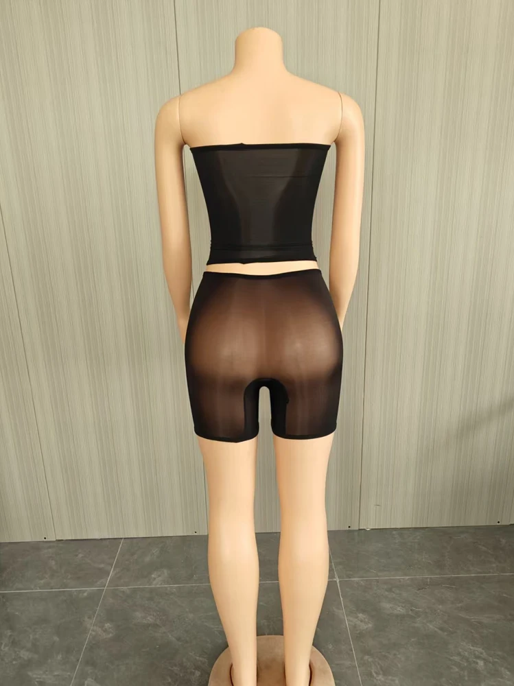 2026 Damen Boutique Trendige Mode 2-teilige Sets Heiße Sexy Trägerlose Mesh Crop Tops Mini Shorts Set Mitternachts-Party Club Outfits – Detail 8