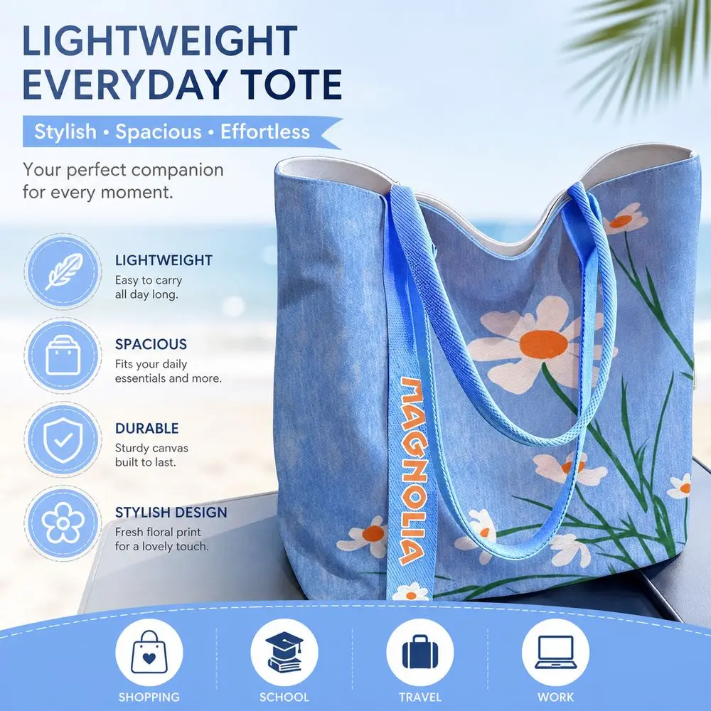 Cartoon Daisy Print Canvas Bag Large Capacity Reusable Shoulder Bag Lightweight Versatile Lunch Bag Women's Accessories