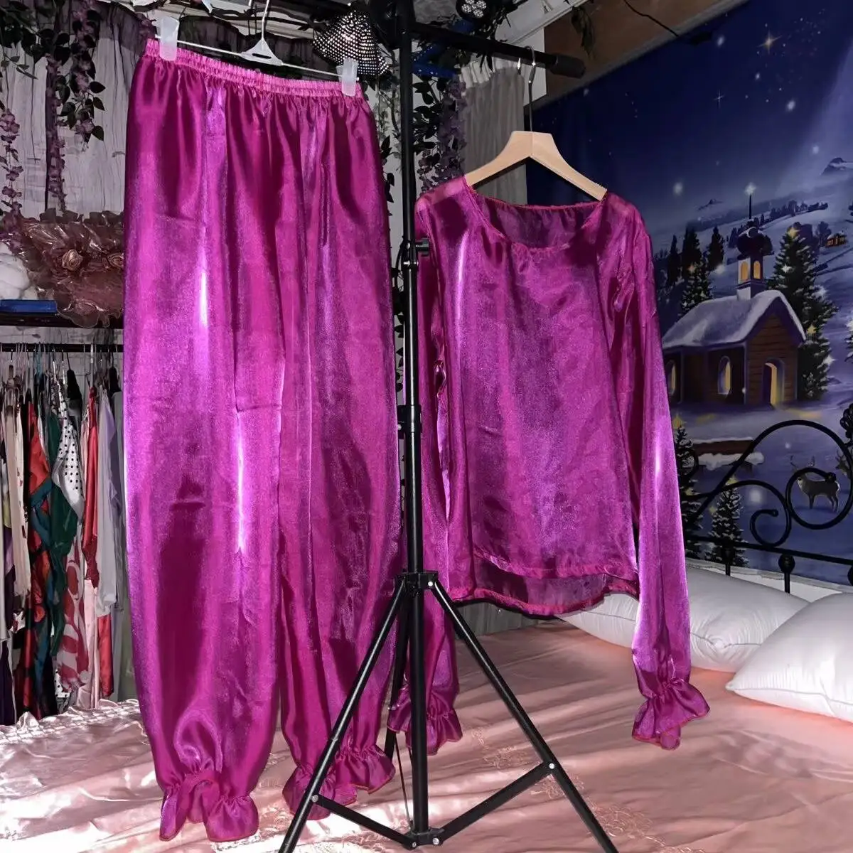 

Glossy liquid water gauze organza pajamas two-piece set Women long sleeve loose sleeping plus size top pants