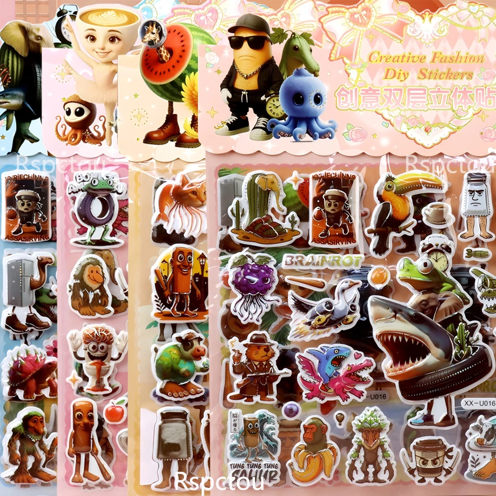 Italian Brainrot Animals Bubble Stickers Waterproof DIY Bike Laptop Tung Tung Tung Sahur Double Layered 3D Sticker Decals Gift