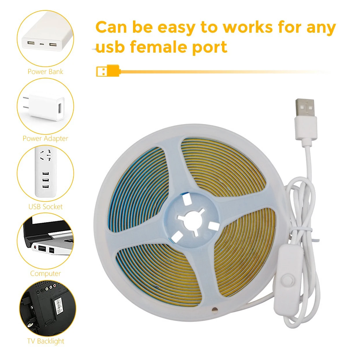 COB LED Strip Light 5V USB Flexible LED Tape with ON OFF Switch High Density Linear Tape for Kitchen, Living Room, DIY Lighting