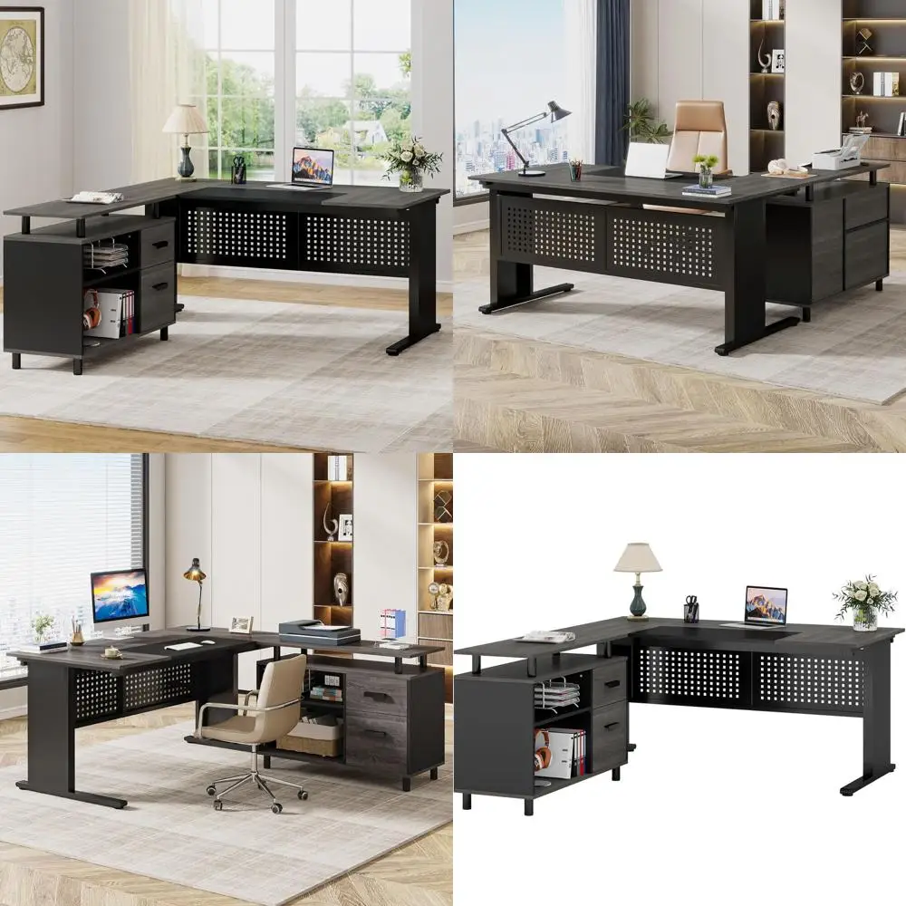 

63-дюймовый офисный стол L-образной формы с тумбой для хранения, рабочая станция руководителя для дома или бизнеса, серый/черный