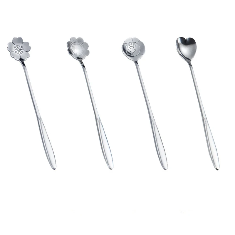 Stainless Steel Teaspoons For Coffee Floral Spoon For Ice Cream Dessert Scoop Kitchen Accessories Wedding Christmas Gift  Rose