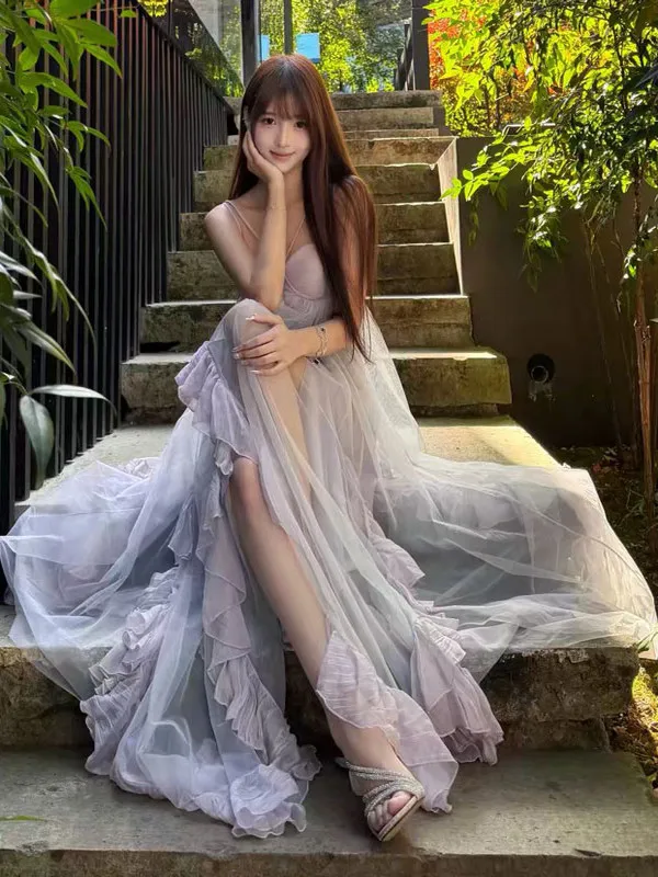 

Beach Vacation Style Lace Trim Mesh Strap Dress Irregular Waist Cinching Long Skirt Soft Cotton Gentle Style High Waist Dress