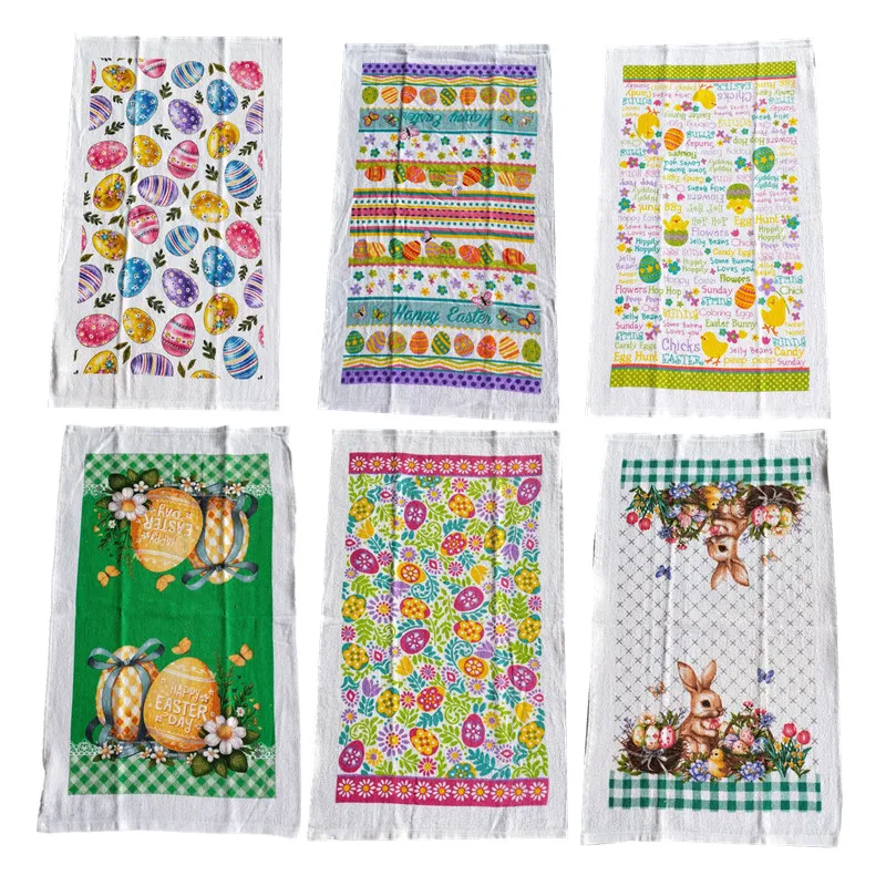 

1Pc 38x63cm Easter Day Rabbit Egg Printed Cotton Tea Towel Kitchen Dishcloth Water Absorption Cleaning Cloth Holiday Gift