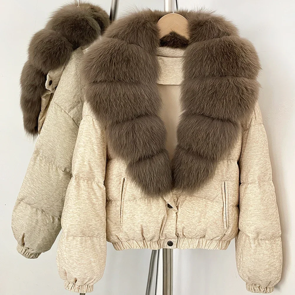 OFTBUY Neue Winterkleidung Übergroßer Echter Fuchspelz Kurzer Daunenmantel Damen 100% Baumwolle Waschbärpelz Entendaunen Pufferjacke Frauen – Detail 33