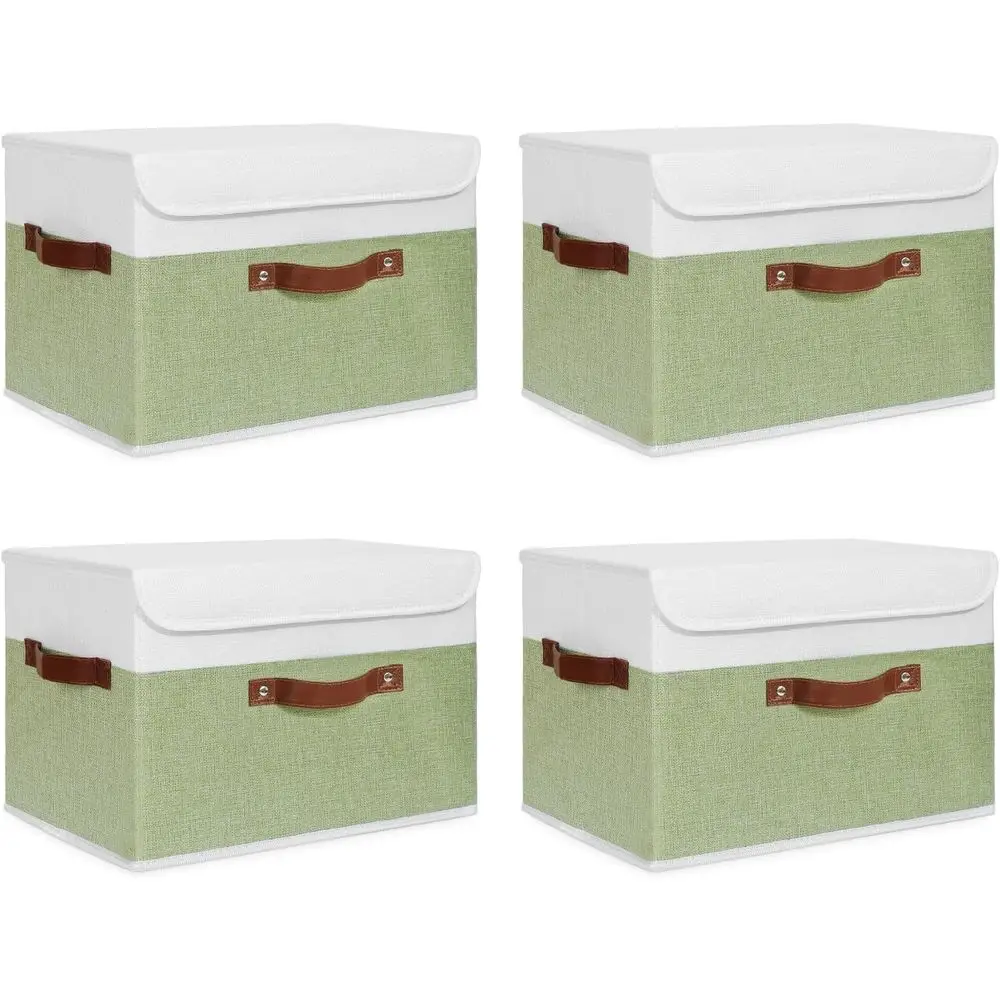 

4PCS Storage Boxes with Lid Washable Decorative Storage Bins Basket with PU Leather Handle Foldable Linen Fabric Storage Cubes C