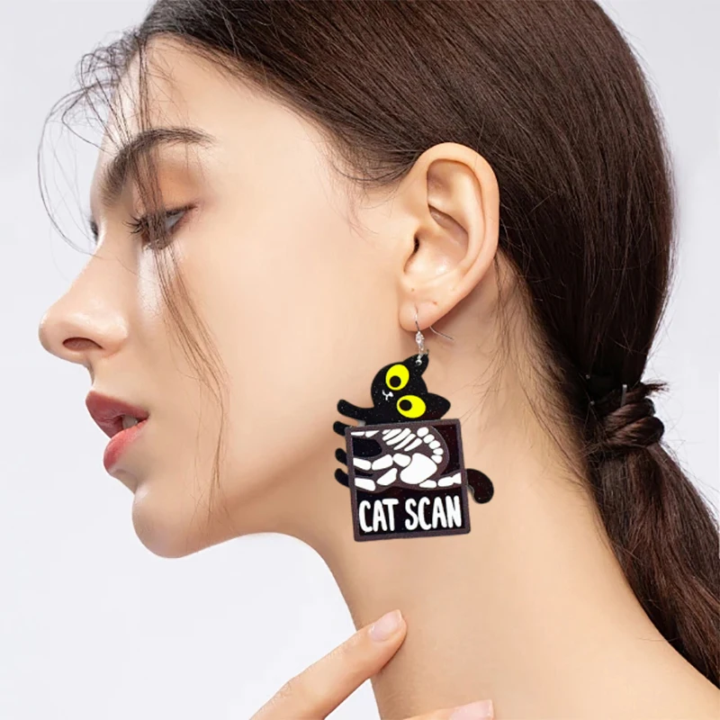 Black Glitter Acrylic Cat Scan Drop Earrings For Women Animal Doctor Nurse Series Epoxy Charm Dangle Earring Jewelry