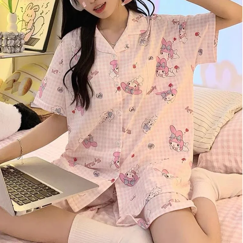 Sanrio My Melody Cute Pajamas Femmes Pyjamas Summer Shorts Short Sleeve Sleepwear Kawaii Cartoon Negligee Home Clothing Gifts