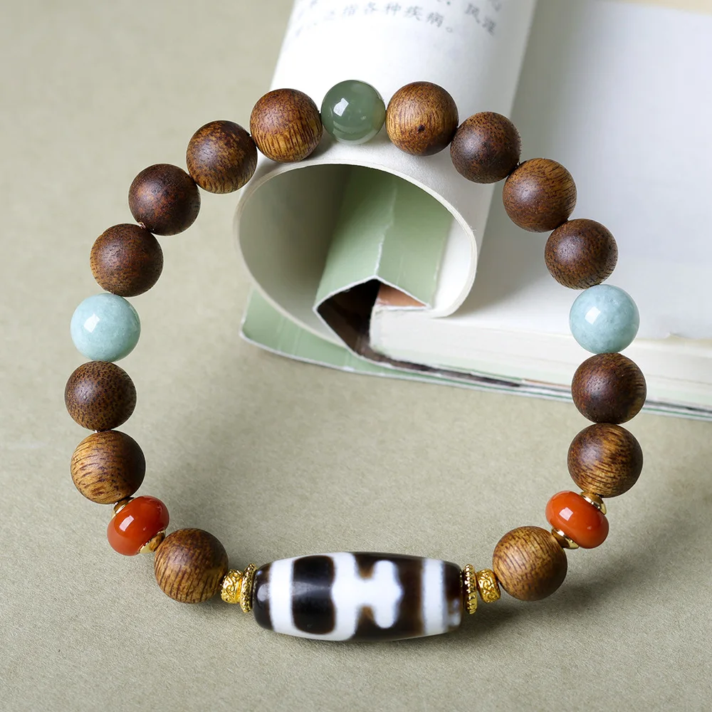 Green Agarwood Beaded Bracelet with Tibetan Treasure Vase Dzi Bead Chinese Style Wristlet Gifts