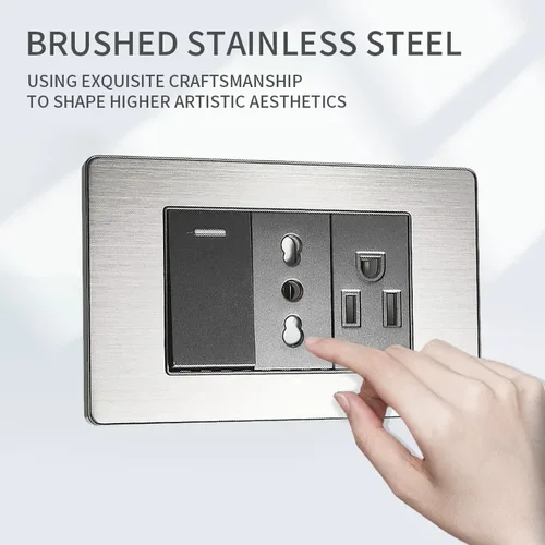 Imagen 2 del producto Toma de pared de acero inoxidable 118x75 mm estilo italiano con USB-C y enchufe chileno Schuko - Acabado cepillado para hogar/oficina ​
