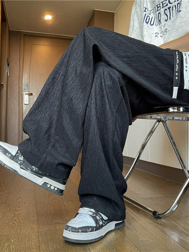 

Men's Summer Thin Ice Silk Loose Wide Leg Pants Drapey Casual Long Trousers Faionable Brand New 2025 Autumn Straight Leg
