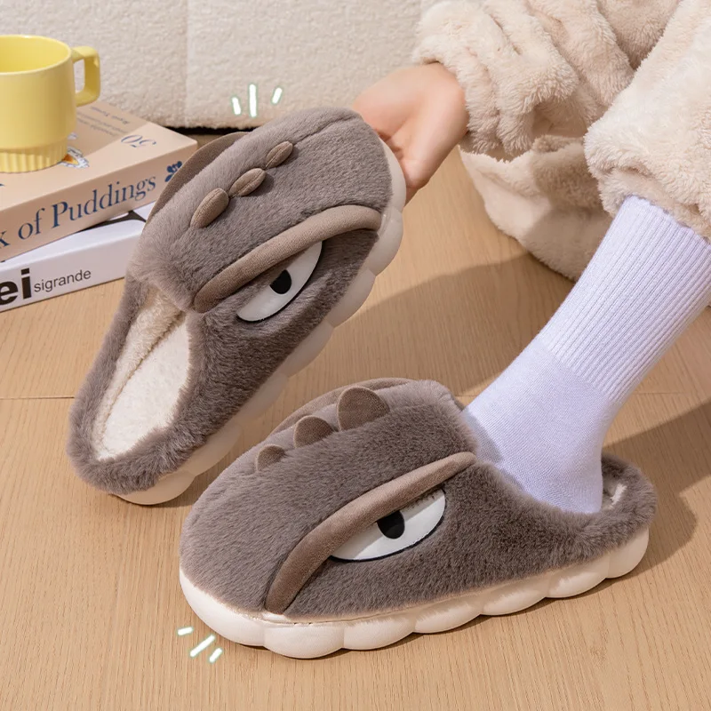 Dinosaur Slippers Adults Winter Flip Flops Mens Warm Fur Slides Green Dino Slippers Man Fuzzy House Shoes Men\'s Animal Slippers