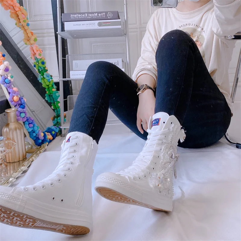 Women Round Toe High Heel Canvas Boots DIY Flowers Pearls Tassels Flat Casual Shoes Solid White Lolita Sweet Girls New Year Gift