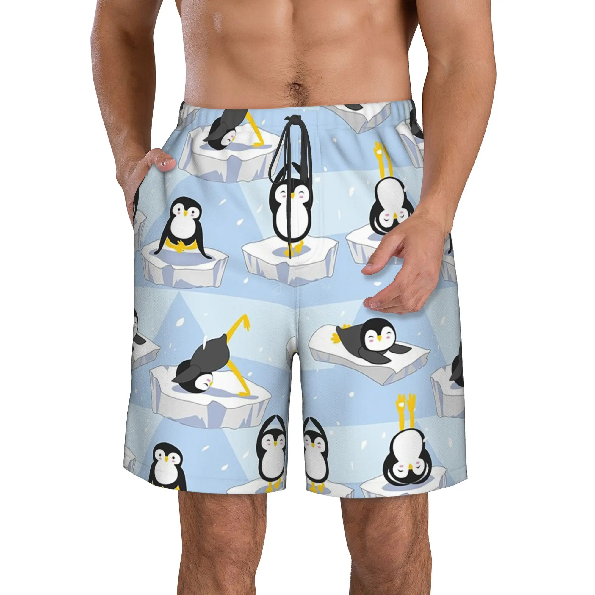 Polar Penguin Ice Surface Penguin Pattern Trunks Beach Board Shorts Casual Quick Dry Swim Summer Men Pants