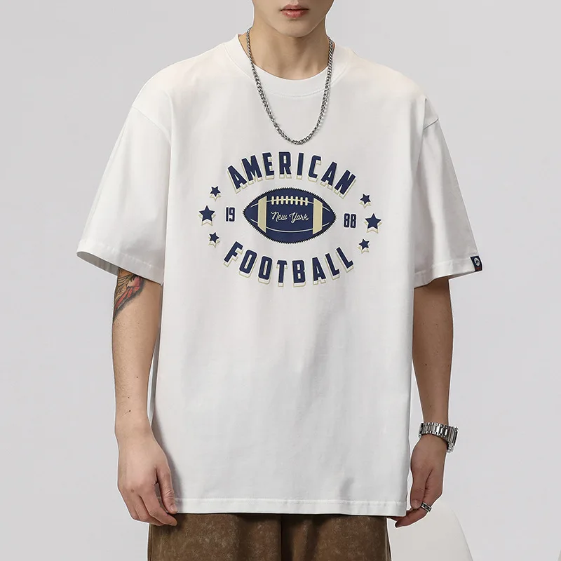 

100% Cotton Retro Rugby Printed T-shirt for Men's Summer Loose Niche Streetwear Tops High Quality Short Sleeves Football Tshirts